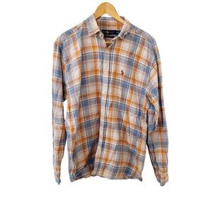 Ralph Lauren Blue Label Orange Blue Plaid Cotton Long Sleeve Dress Shirt